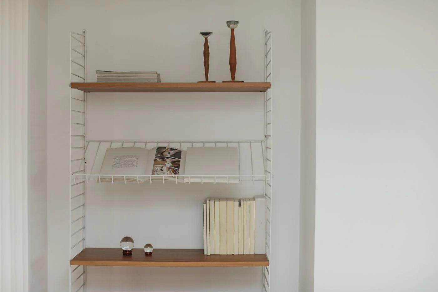 Elegant minimalist bookshelf with decor and neatly arranged books.