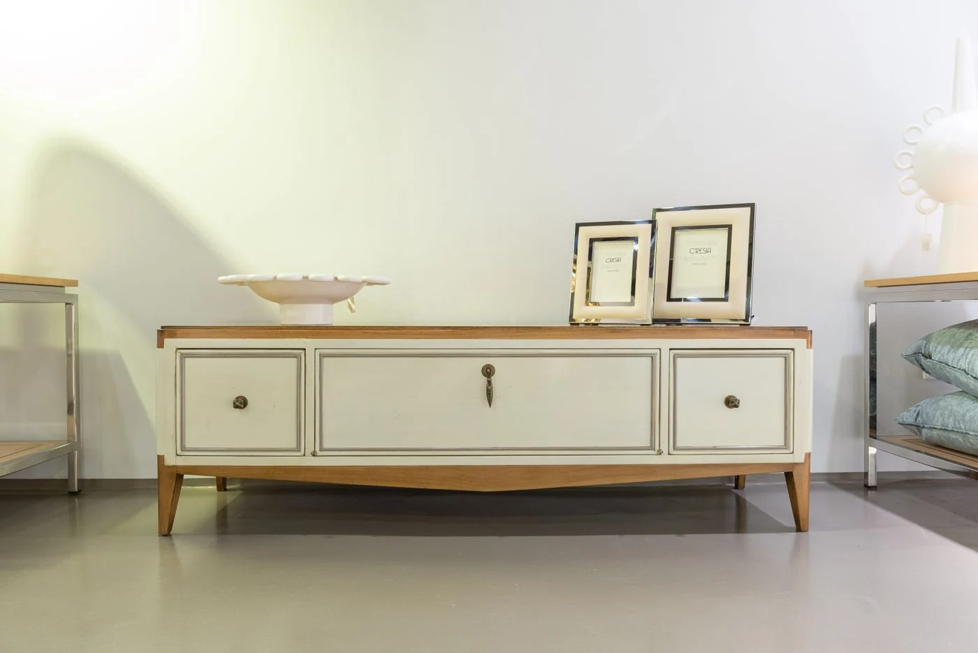 Spacious living room with a modern white cabinet. Perfect for interior design inspiration.